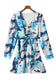 Blue abstract floral long sleeve tied ruffle dress - dresses