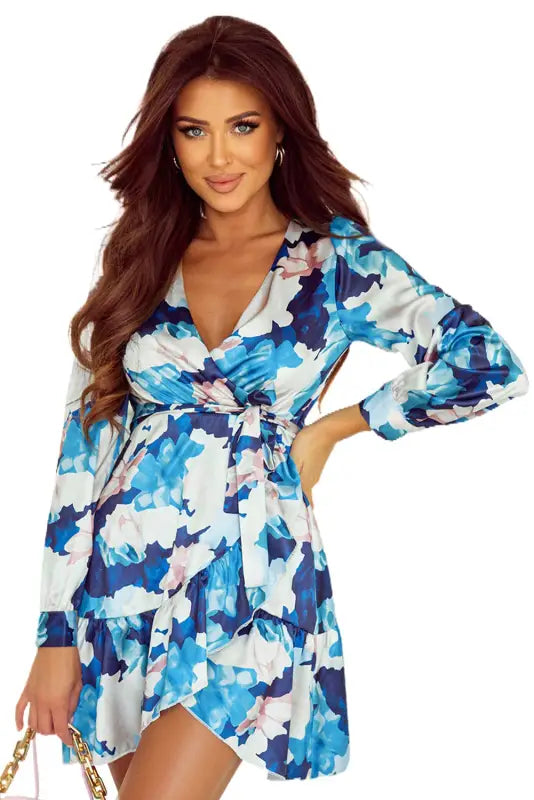 Blue abstract floral long sleeve tied ruffle dress - dresses