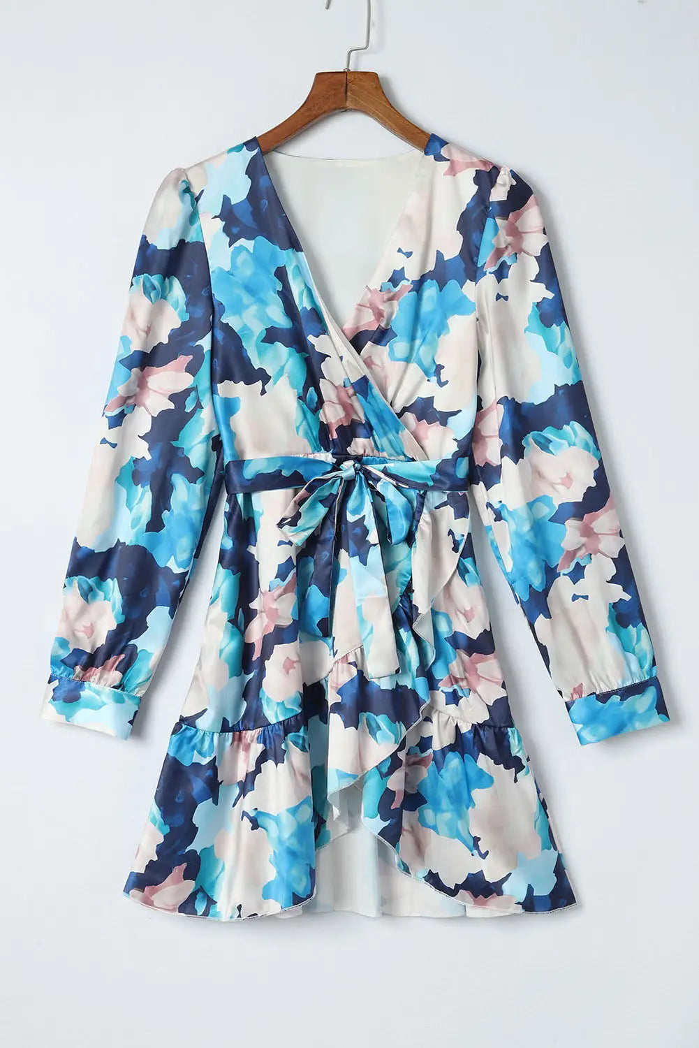 Blue abstract floral long sleeve tied ruffle dress - dresses