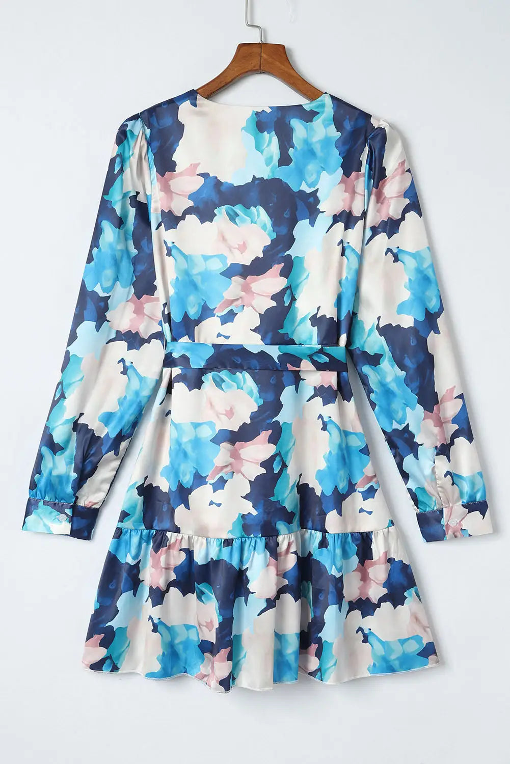 Blue abstract floral long sleeve tied ruffle dress - dresses