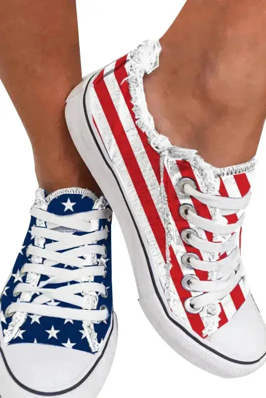 Blue American Flag Lace-up Canvas Flat Shoes - Fashionfitz