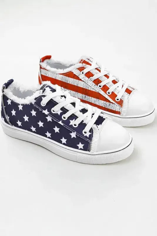 Blue American Flag Lace-up Canvas Flat Shoes - Fashionfitz