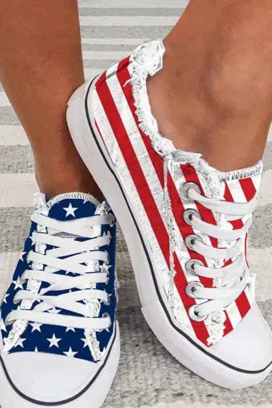 Blue flag print lace-up canvas flat shoes top view — Fashionfitz UK