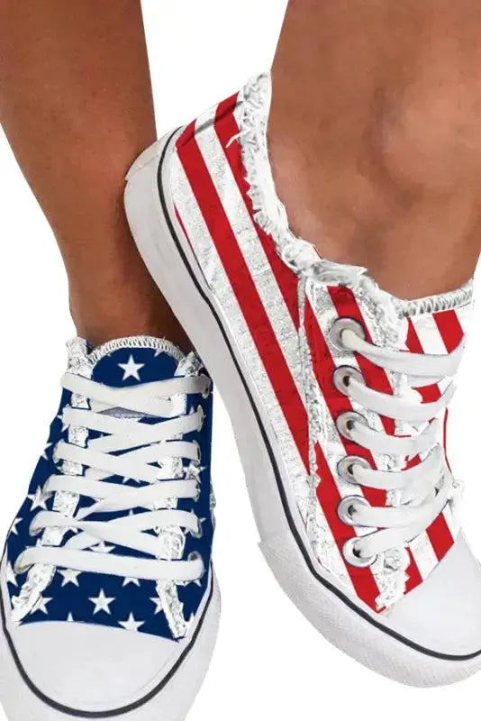 Blue American Flag Lace-up Canvas Flat Shoes - Fashionfitz