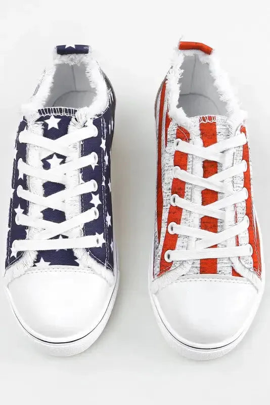 Blue American Flag Lace-up Canvas Flat Shoes - Fashionfitz