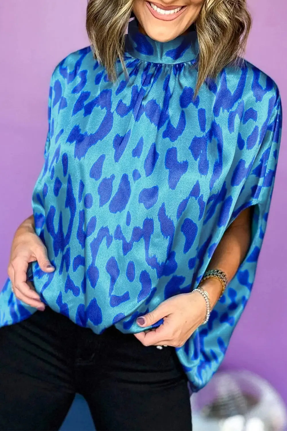 Blue animal printed mock neck detail caftan top - s / 100% polyester - tops/blouses & shirts