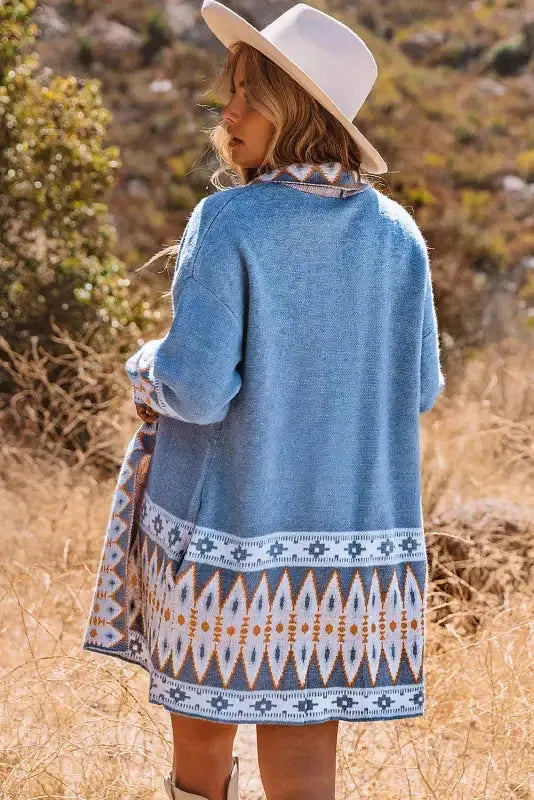 Blue Aztec Knit Duster Cardigan - Fashionfitz