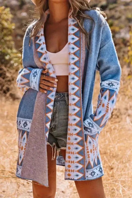 Blue Aztec Knit Duster Cardigan - Fashionfitz
