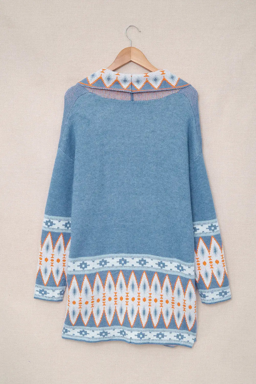 Blue aztec print open front knitted cardigan - sweaters & cardigans