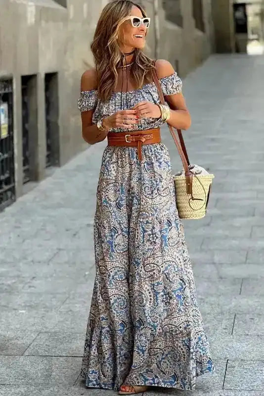 Front view of Blue Boho Paisley Maxi Dress - Off Shoulder Bardot with bohemian accessories, perfect for warm weather and casual chic looks.