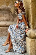 Blue Boho Paisley Print Off Shoulder Maxi Dress - Fashionfitz