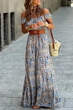 Blue Boho Paisley Print Off Shoulder Maxi Dress - Fashionfitz