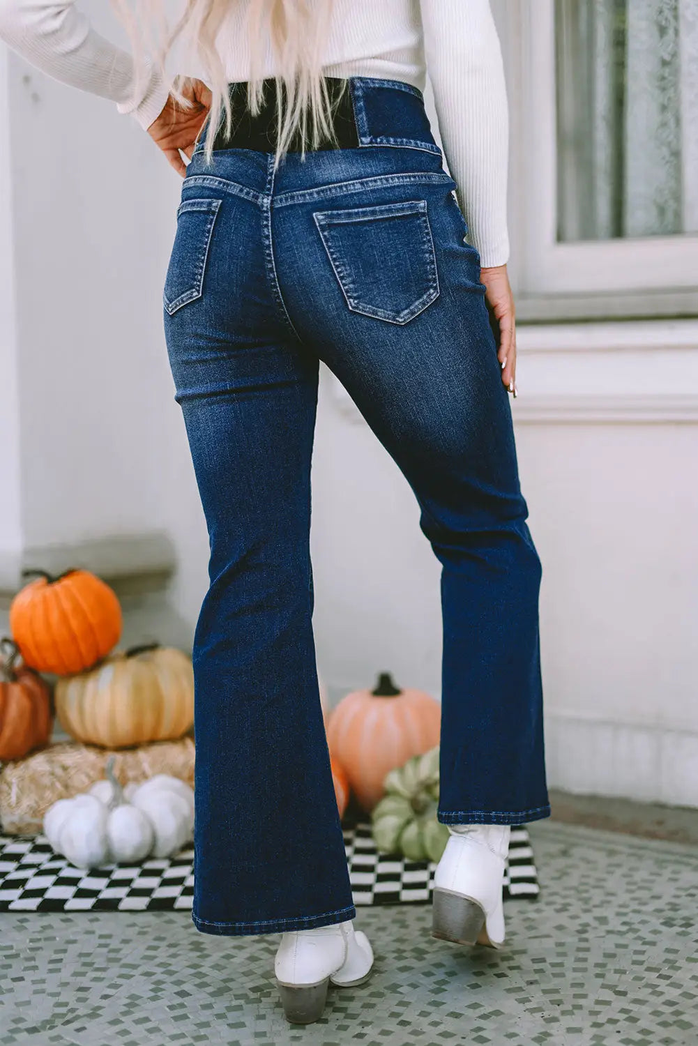 Blue buttons elastic wide waistband back flare jeans -