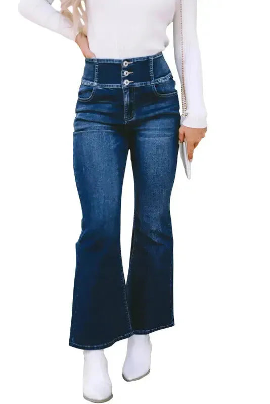 Blue Buttons Flare Jeans - Elastic Wide Waistband - Fashionfitz