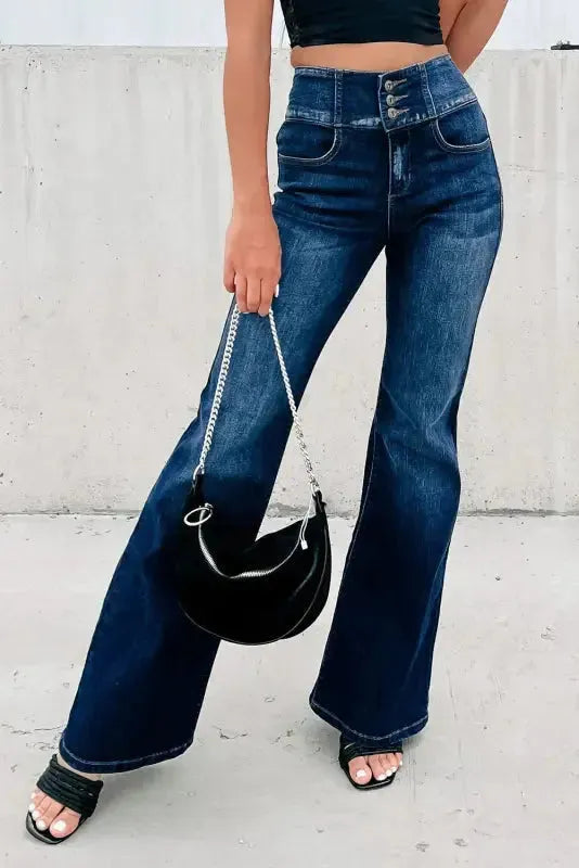 Blue Buttons Flare Jeans - Elastic Wide Waistband - Fashionfitz
