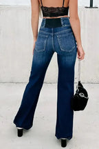 Blue Buttons Flare Jeans - Elastic Wide Waistband - Fashionfitz