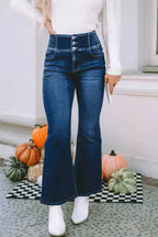 Blue Buttons Flare Jeans - Elastic Wide Waistband - Fashionfitz
