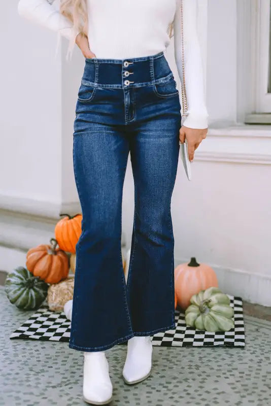 Blue buttons flare jeans - elastic wide waistband