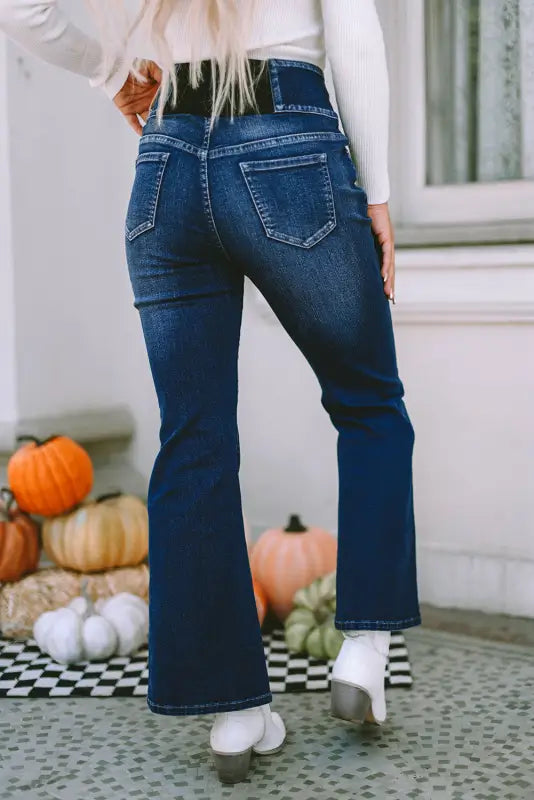 Blue buttons flare jeans - elastic wide waistband