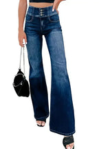 Blue Buttons Flare Jeans - Elastic Wide Waistband - Fashionfitz