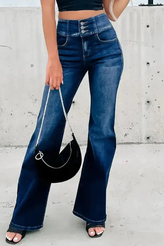 Blue Buttons Flare Jeans - Elastic Wide Waistband - Fashionfitz
