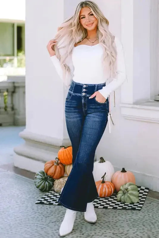 Blue Buttons Flare Jeans - Elastic Wide Waistband - Fashionfitz