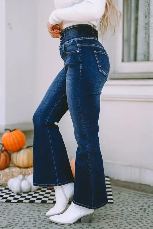 Blue buttons flare jeans - elastic wide waistband