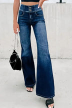 Blue Buttons Flare Jeans - Elastic Wide Waistband - Fashionfitz