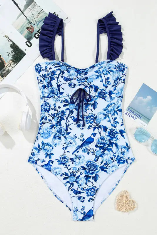 Blue chic ruffled one-piece swimsuit