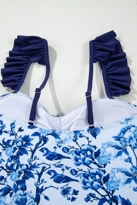 Blue chic ruffled one-piece swimsuit