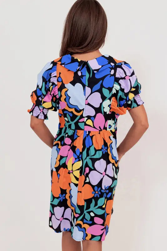 Blue collared split neck floral flared dress - dresses