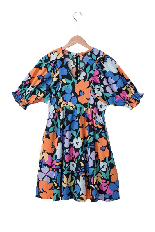 Blue collared split neck floral flared dress - dresses