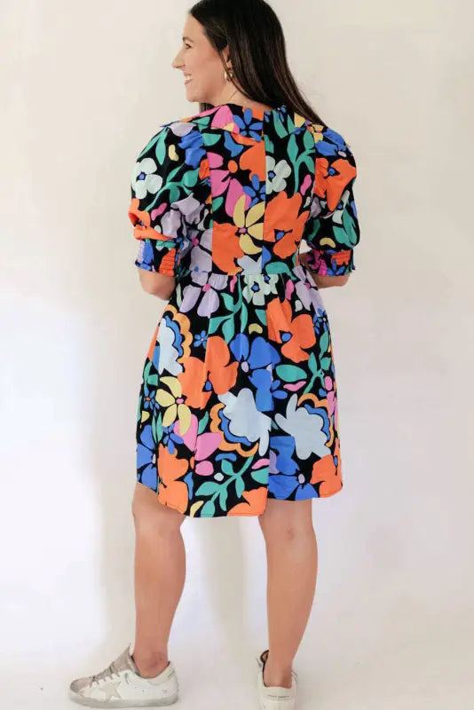 Blue collared split neck floral flared dress - dresses