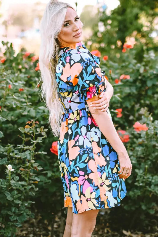 Blue collared split neck floral flared dress - dresses