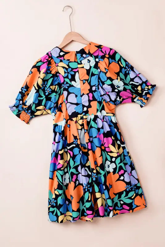 Blue collared split neck floral flared dress - dresses