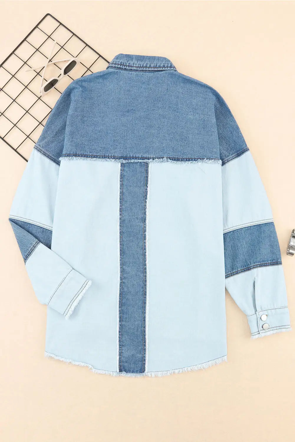 Blue color block frayed patchwork oversize denim jacket - jackets