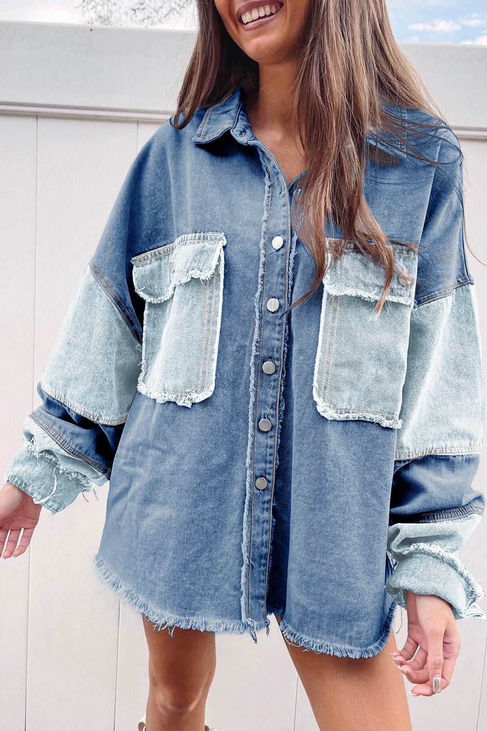Blue color block frayed patchwork oversize denim jacket - s / 56% cotton + 44% polyester - jackets