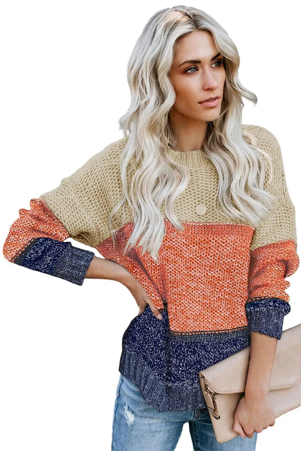 Blue color block netted texture pullover sweater - sweaters & cardigans