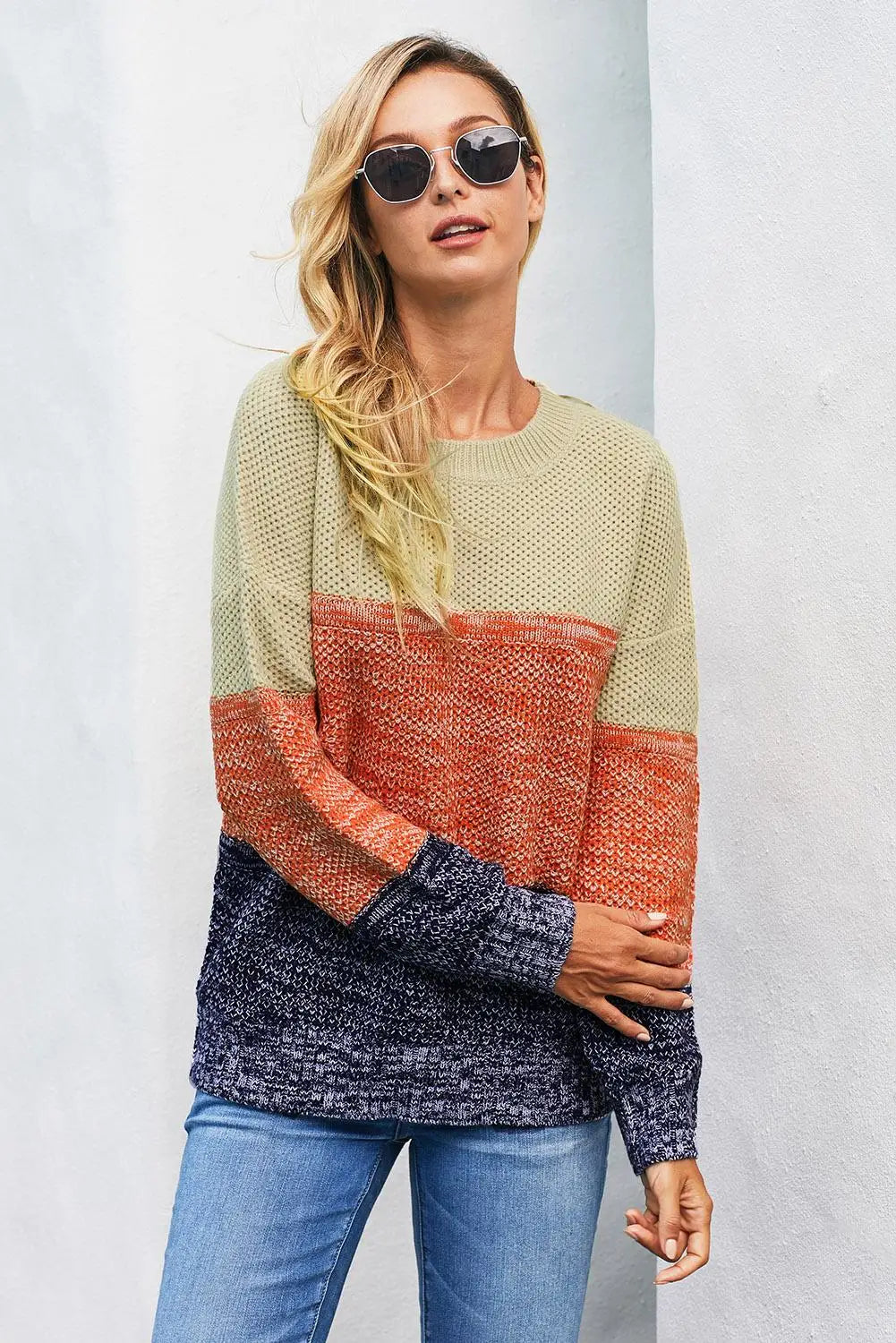 Blue color block netted texture pullover sweater - sweaters & cardigans