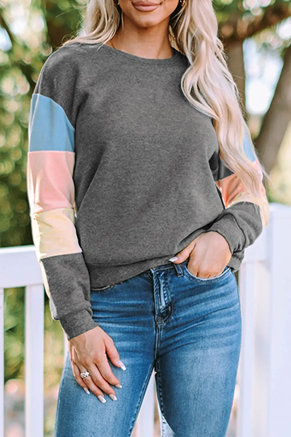 Blue colorblock long sleeve pullover sweatshirt - gray / s / 62.7% polyester + 37.3% cotton - sweatshirts & hoodies