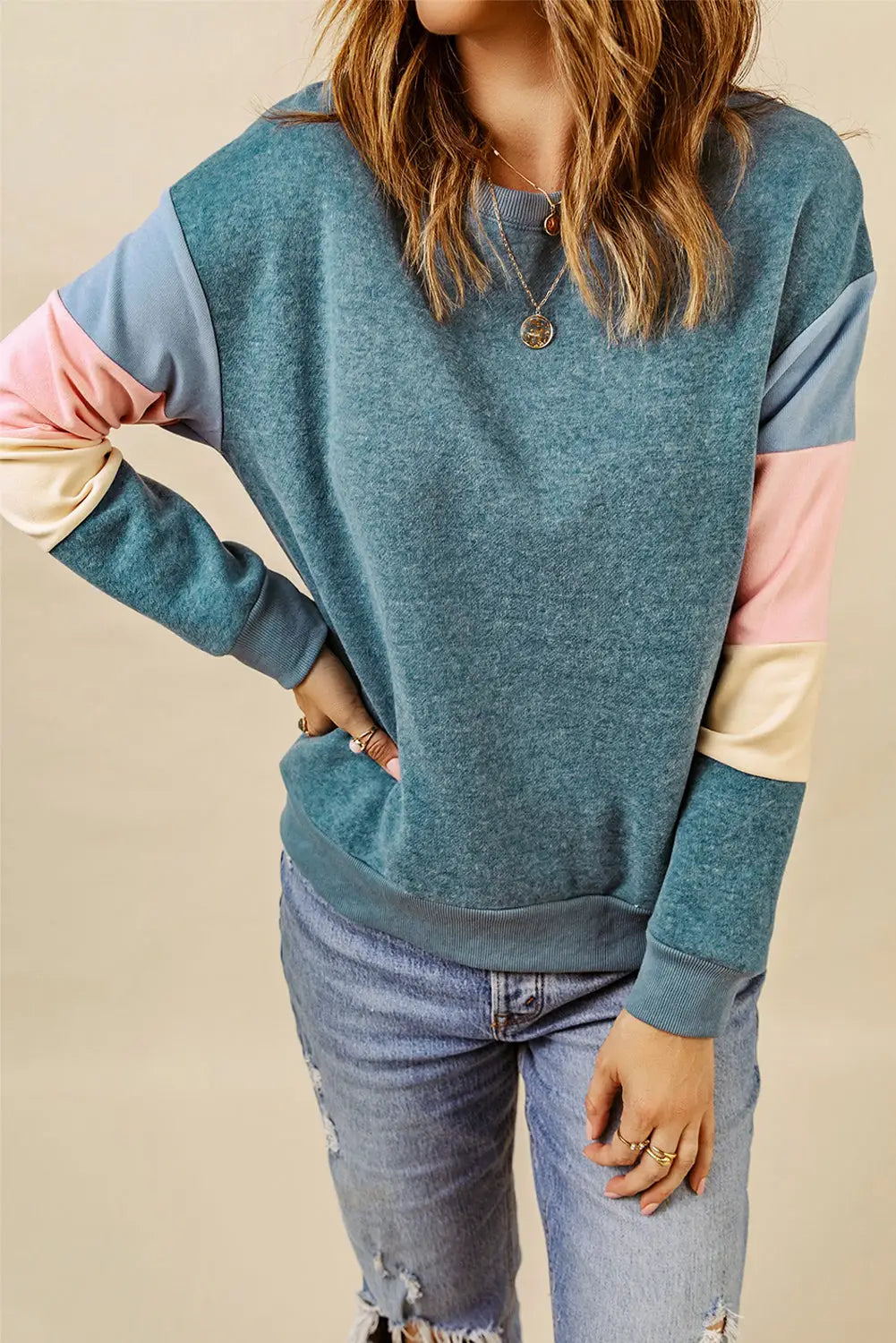 Blue colorblock long sleeve pullover sweatshirt - s / 62.7% polyester + 37.3% cotton - sweatshirts & hoodies