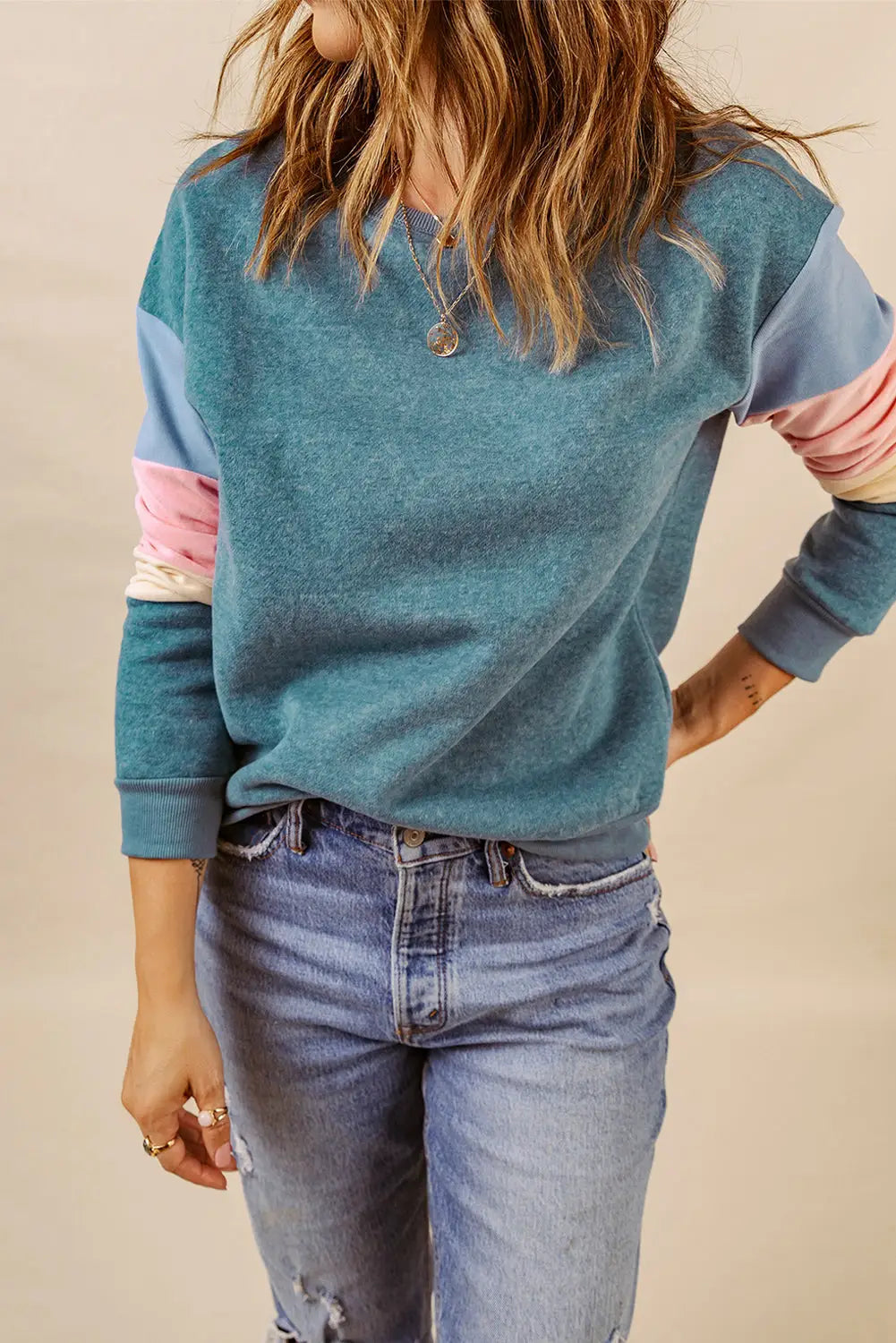 Blue colorblock long sleeve pullover sweatshirt - sweatshirts & hoodies