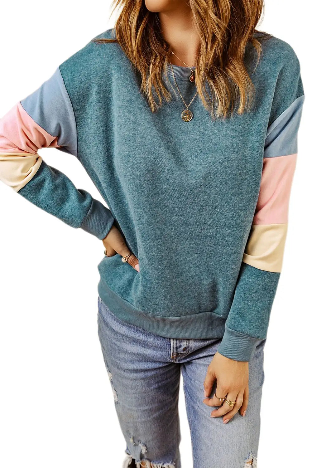 Blue colorblock long sleeve pullover sweatshirt - sweatshirts & hoodies