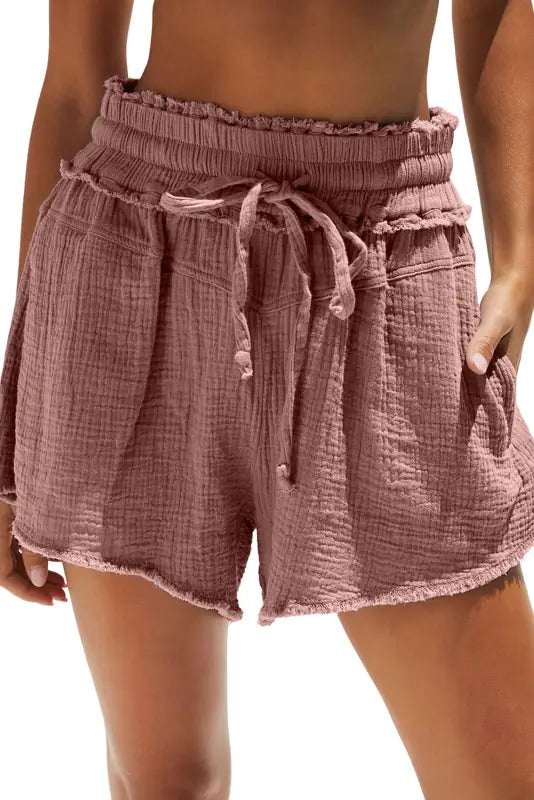 Blue crinkled raw edge casual shorts