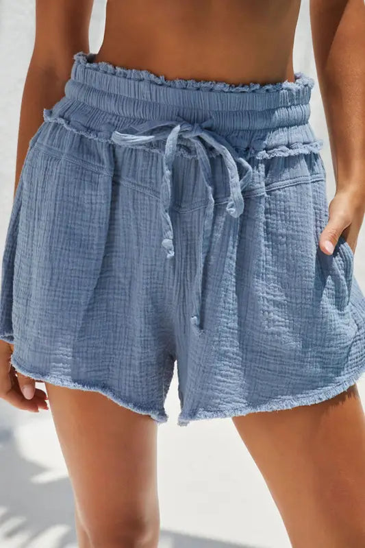 Blue crinkled raw edge casual shorts