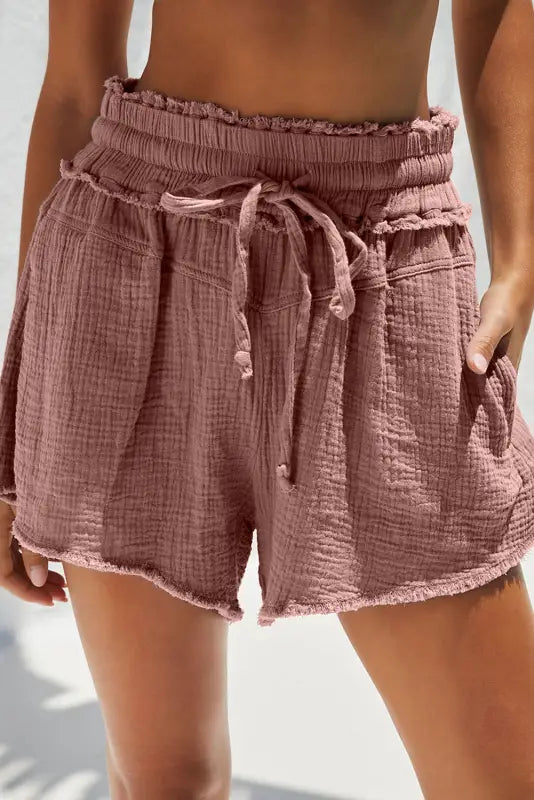 Blue crinkled raw edge casual shorts - rose pink / 2xl / 100% cotton