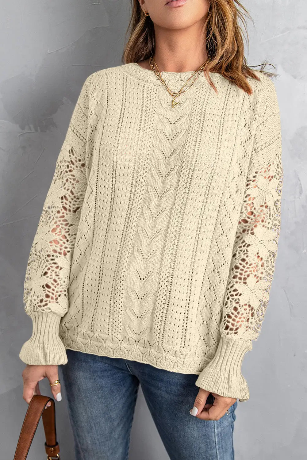 Blue crochet lace pointelle knit sweater - apricot / s / 55% acrylic + 45% cotton - sweaters & cardigans