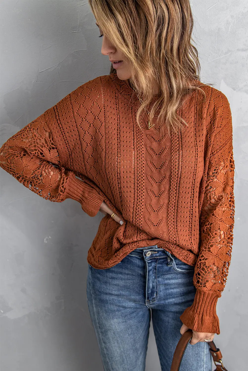 Blue crochet lace pointelle knit sweater - brown / s / 55% acrylic + 45% cotton - sweaters & cardigans
