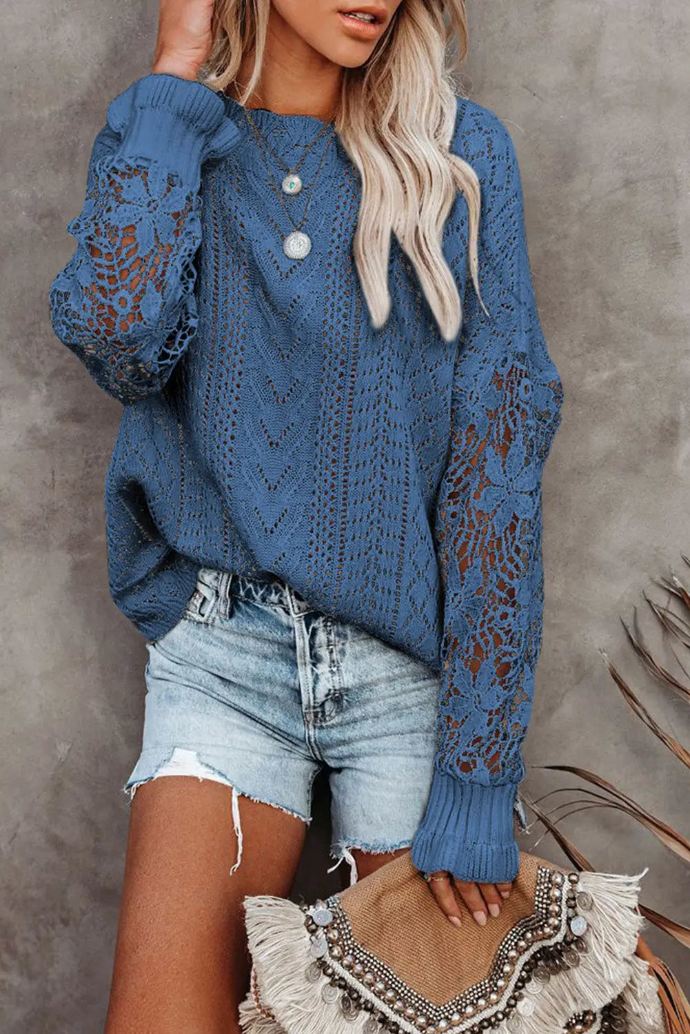 Blue crochet lace pointelle knit sweater - s / 55% acrylic + 45% cotton - sweaters & cardigans