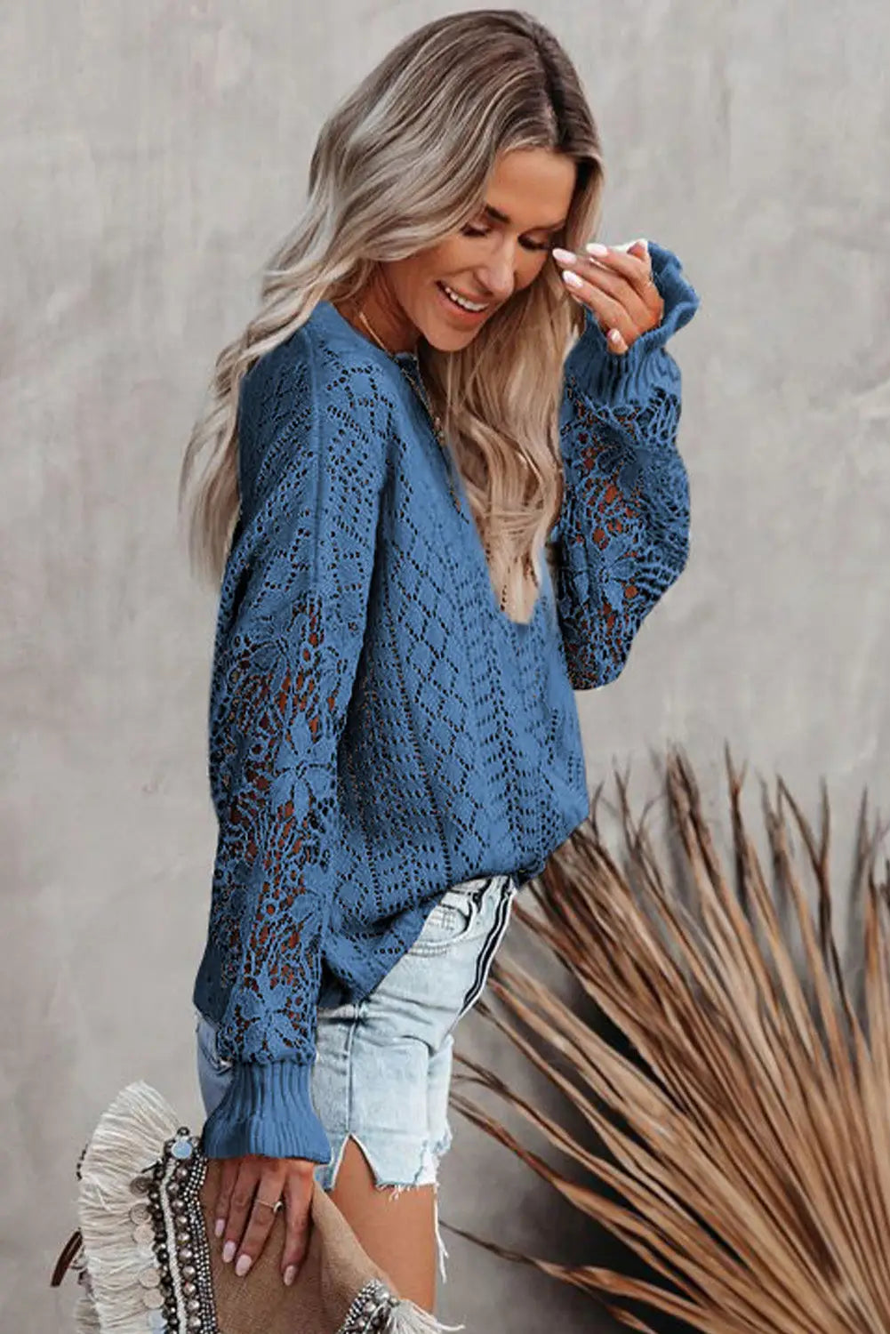 Blue crochet lace pointelle knit sweater - sweaters & cardigans